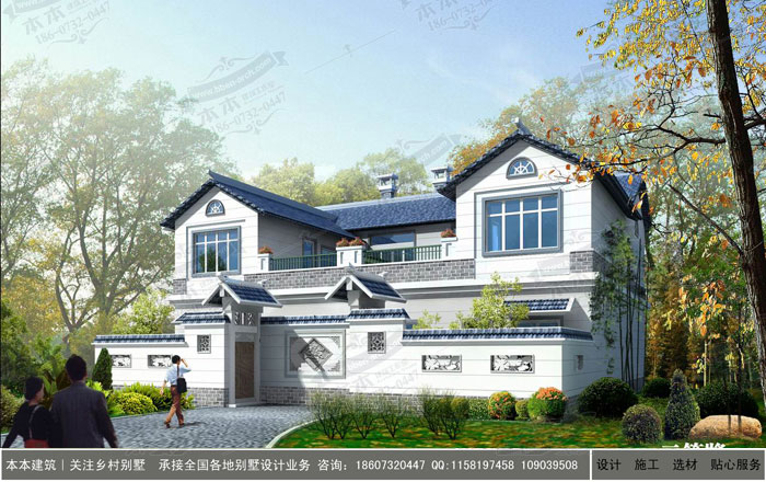 農(nóng)村二層中式風(fēng)格雙拼帶庭院別墅設(shè)計(jì)